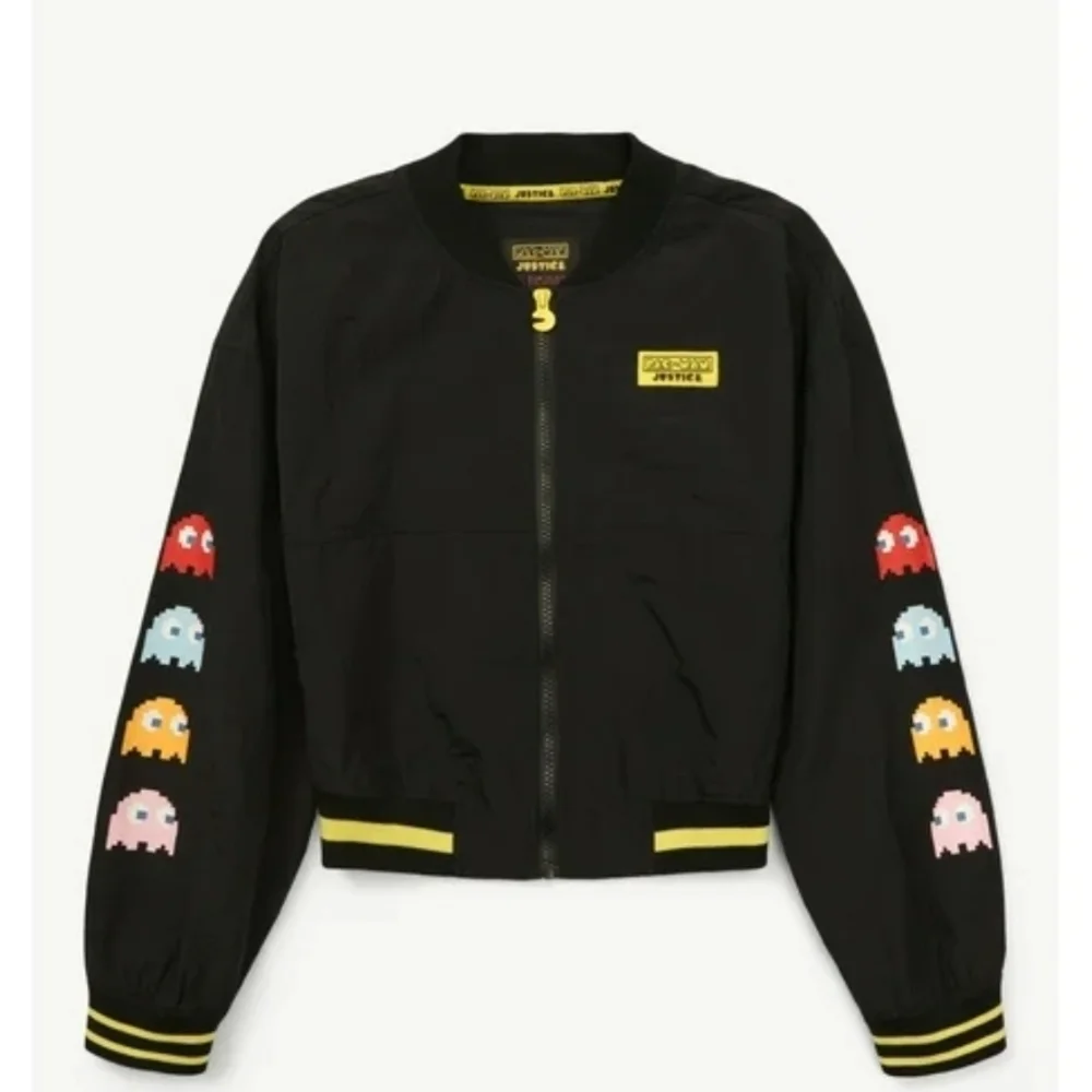 JUSTICE Pac-Man & Ghosts Black Bomber Jacket with Yellow Trim NWOT